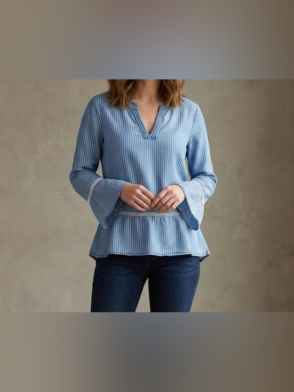 Madeline & Monroe Chambray Striped Bell Sleeve Blouse Blue White Lace Trim S